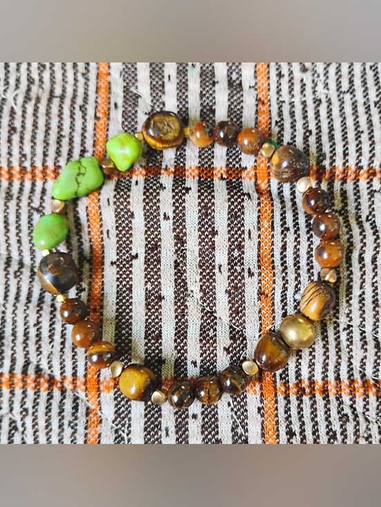 Handmade Jewelry - Large Tiger Eye and Green Turquoise Stretch Bracelet